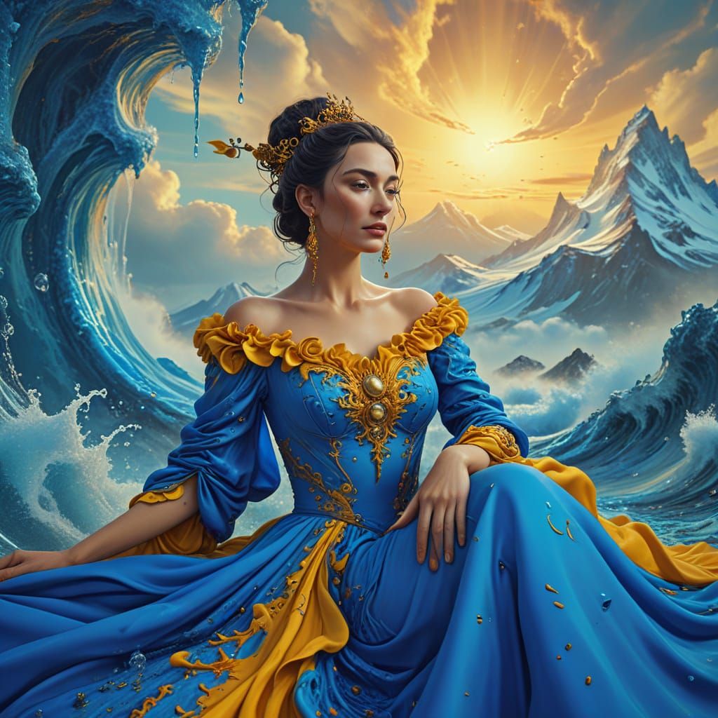 Dreamlike Woman in Embroidered Gown, Surrealist Style