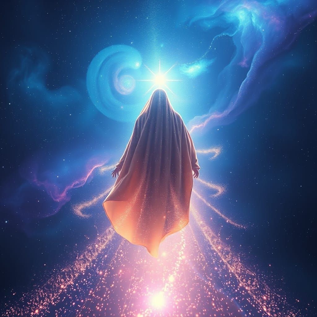 Figure Ascends Through Cosmic Nebulae in Ethereal Glow