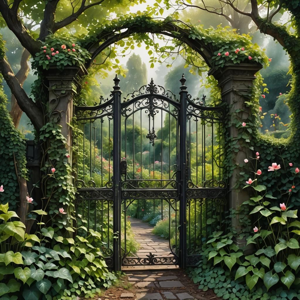 Enchanted Garden Behind Overgrown Gate: Watercolor and Ink