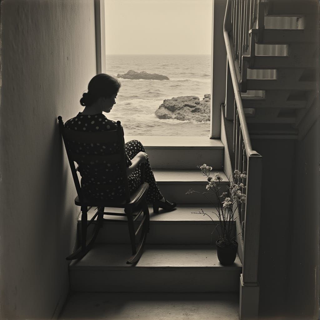 Moody Oceanview Scene with Polkadot Rocking Chair