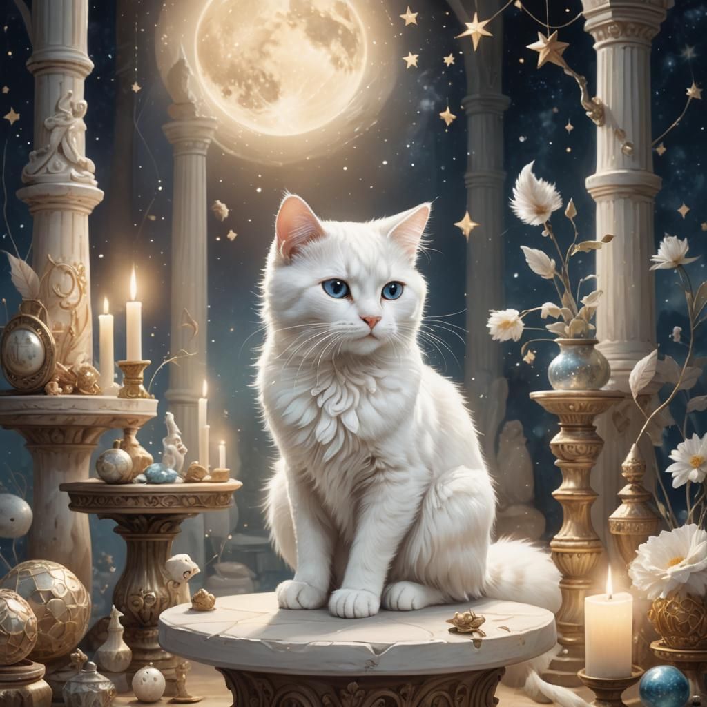 Mystical White Cat Fantasy Illustration