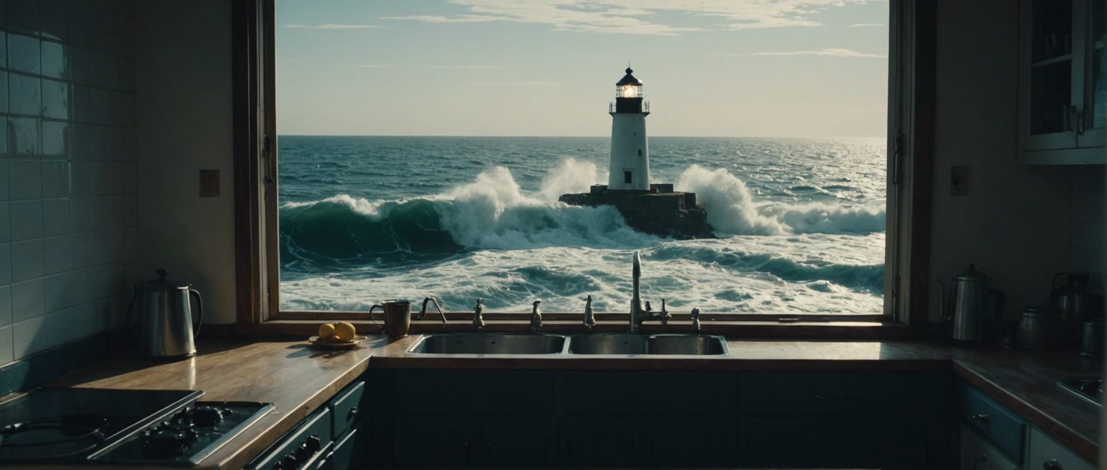 Dramatic Lighthouse Scene Through Kitchen Wall