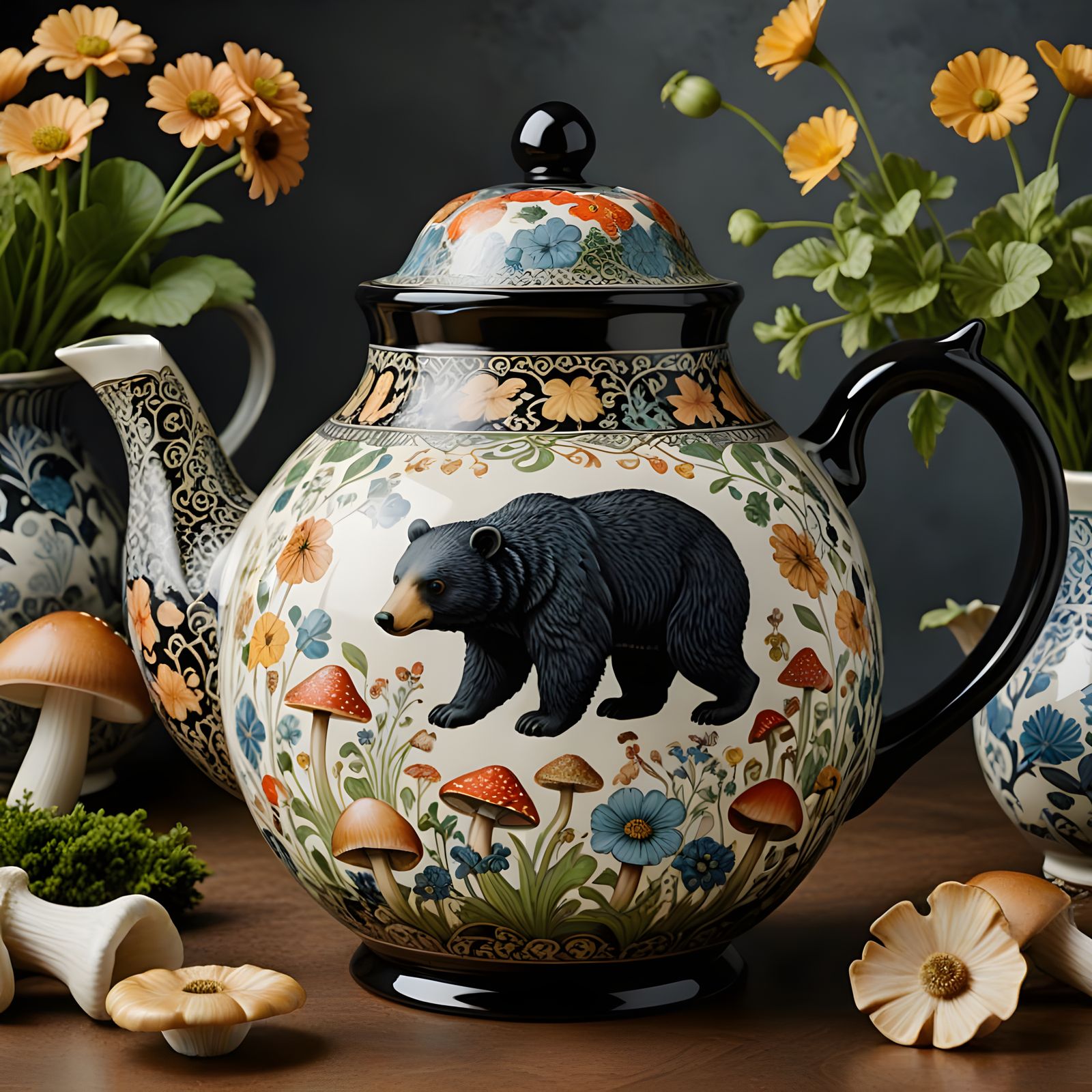 Vintage China Teapot Features a Whimsical Black Bear Scene