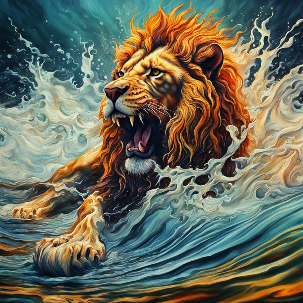 Lion Thrashes in Water: Surreal Oil Painting
