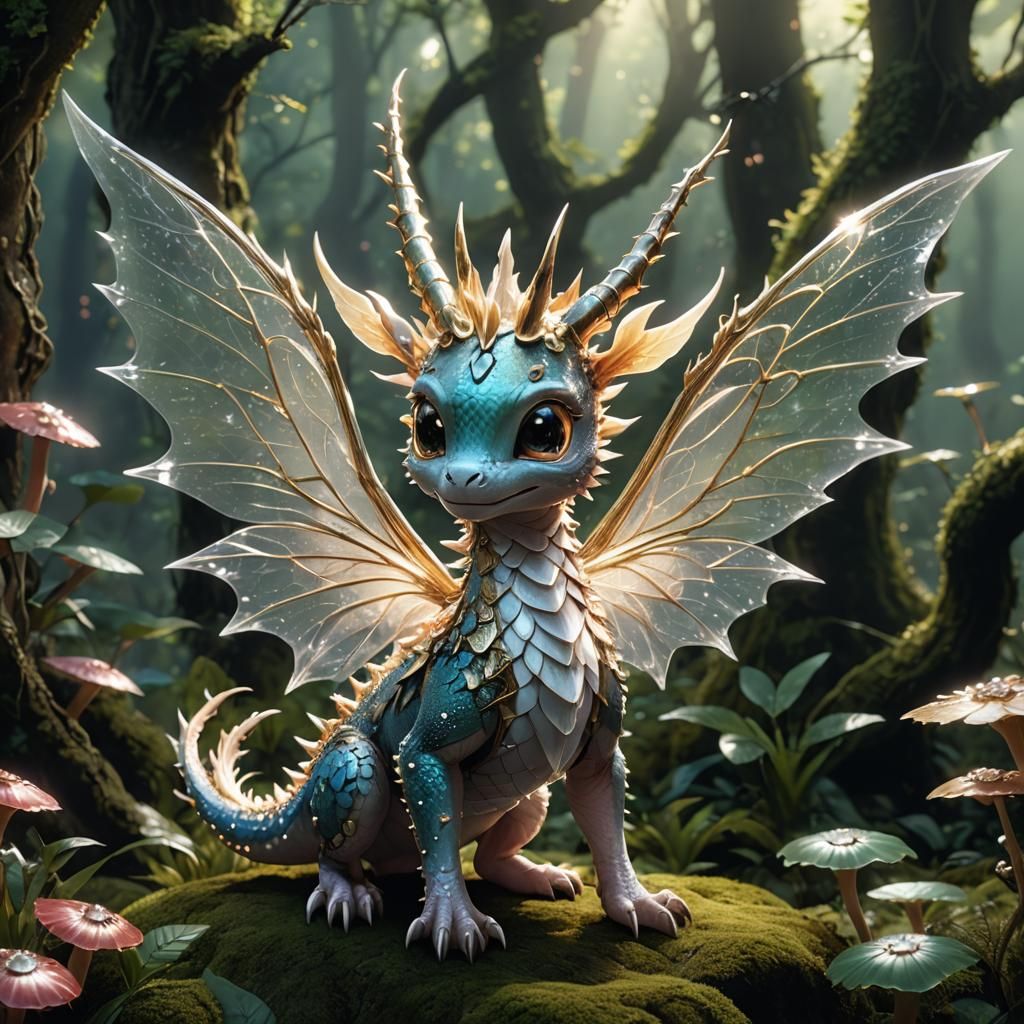 Anime Baby Fairy Dragon in Mystical Forest
