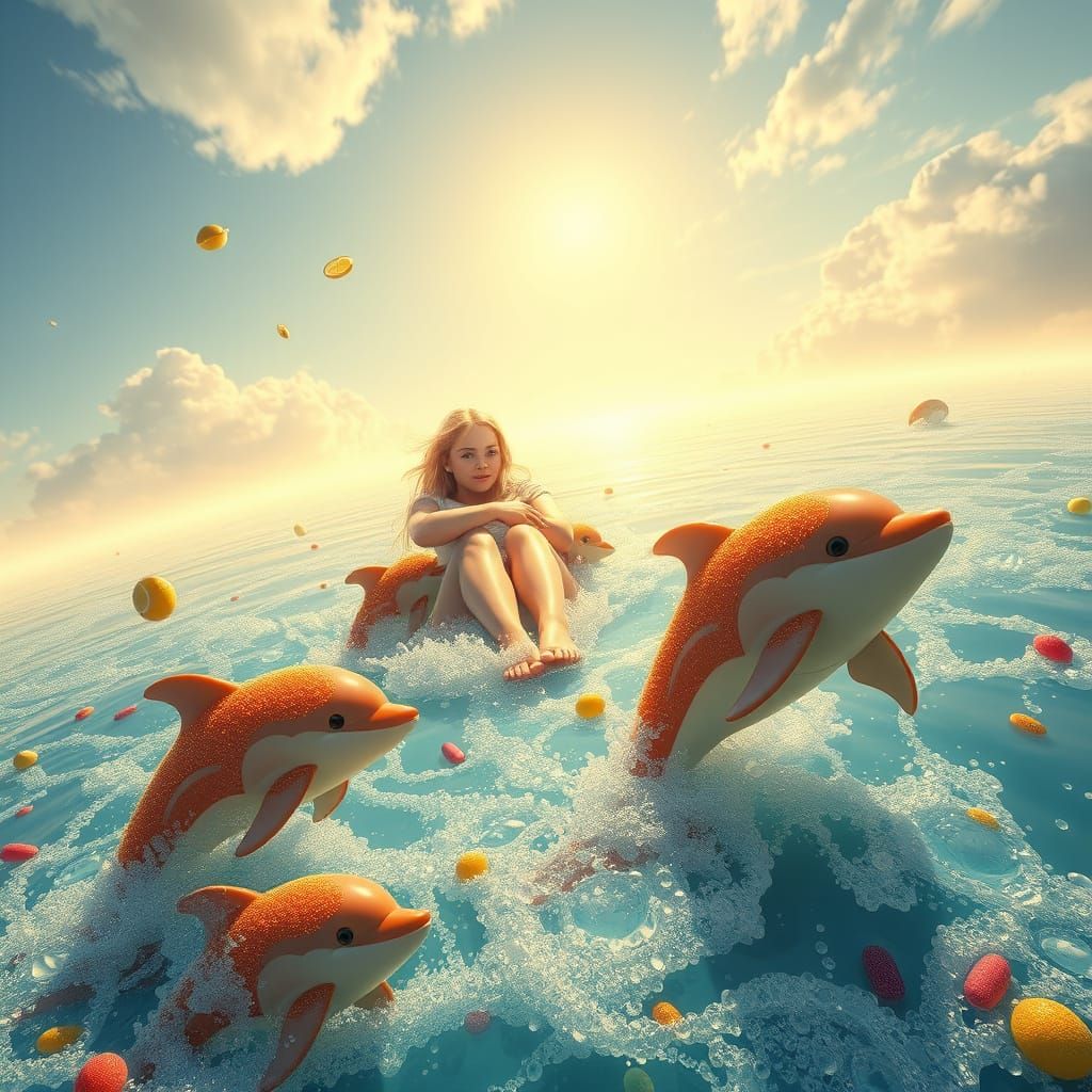 Soda Sea Dreamscape with Candy Dolphins, Digital Art