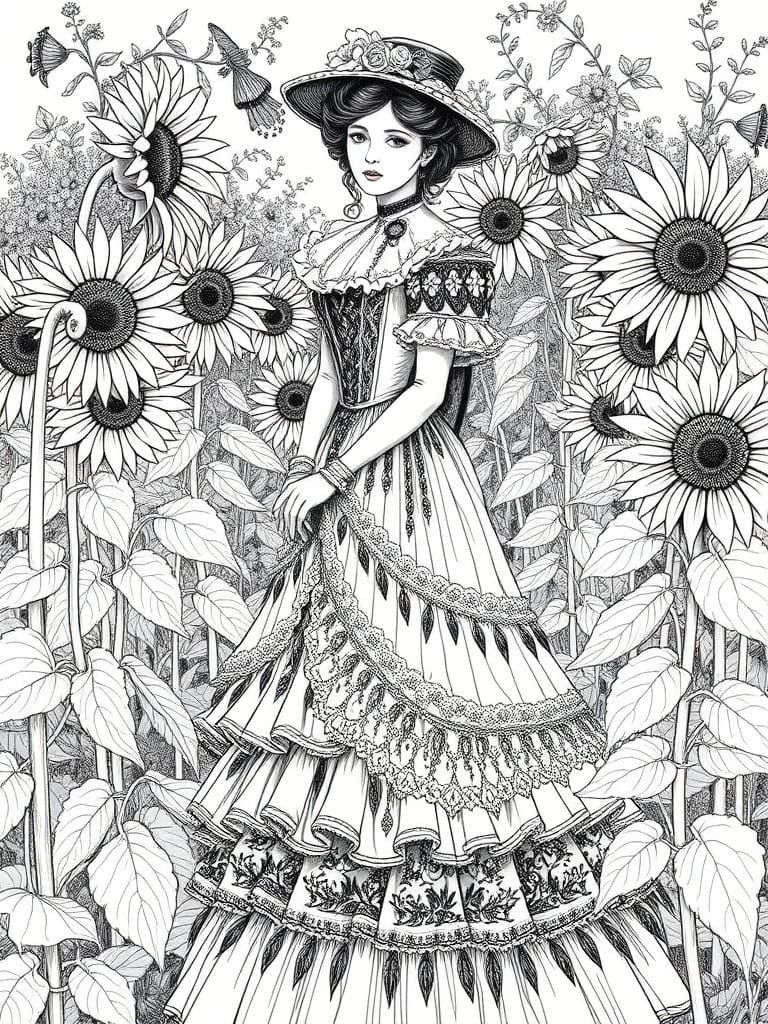Victorian Lady in Linework Herb Garden with Sunflowers