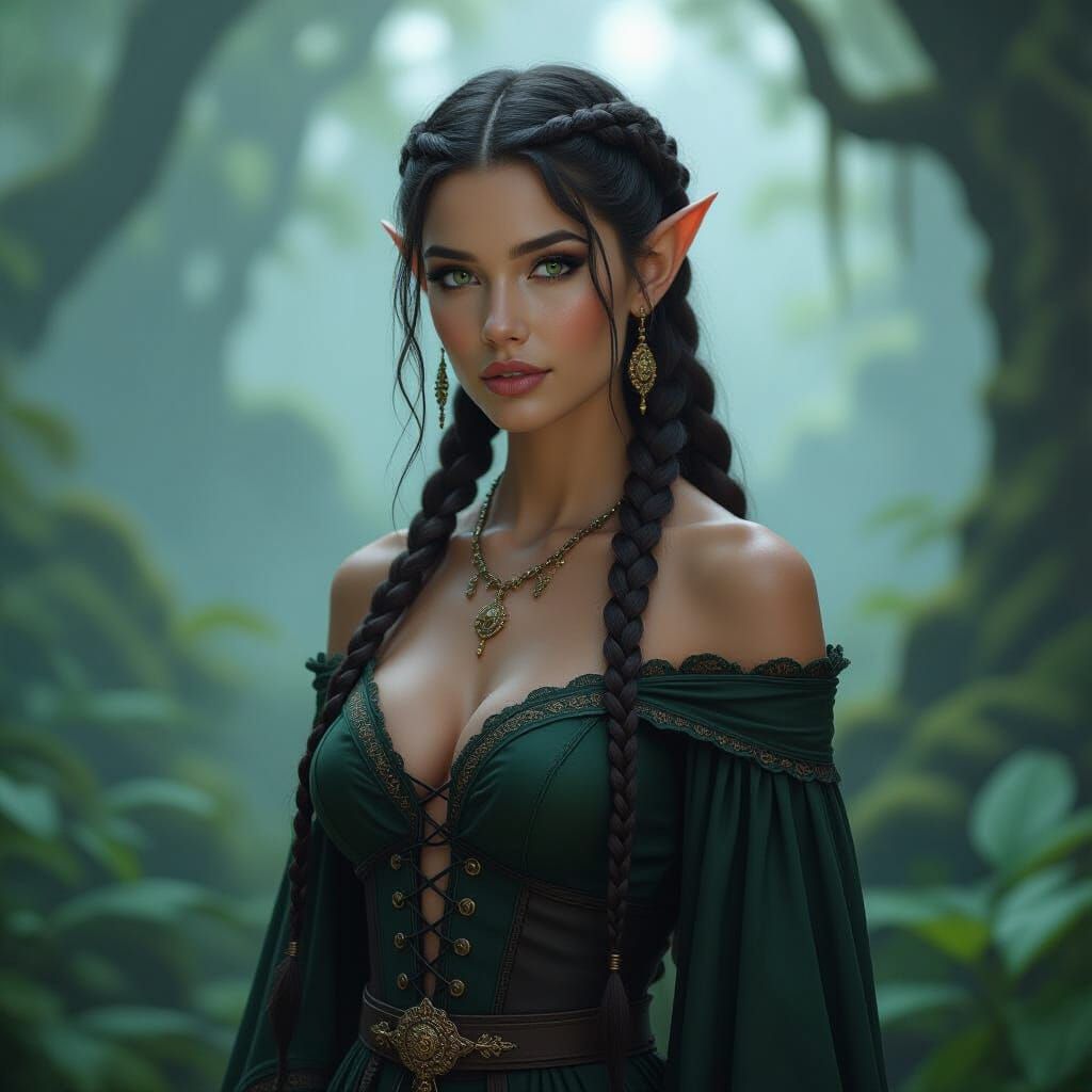 Black Elf Woman in Lush Forest Cinematic Photography