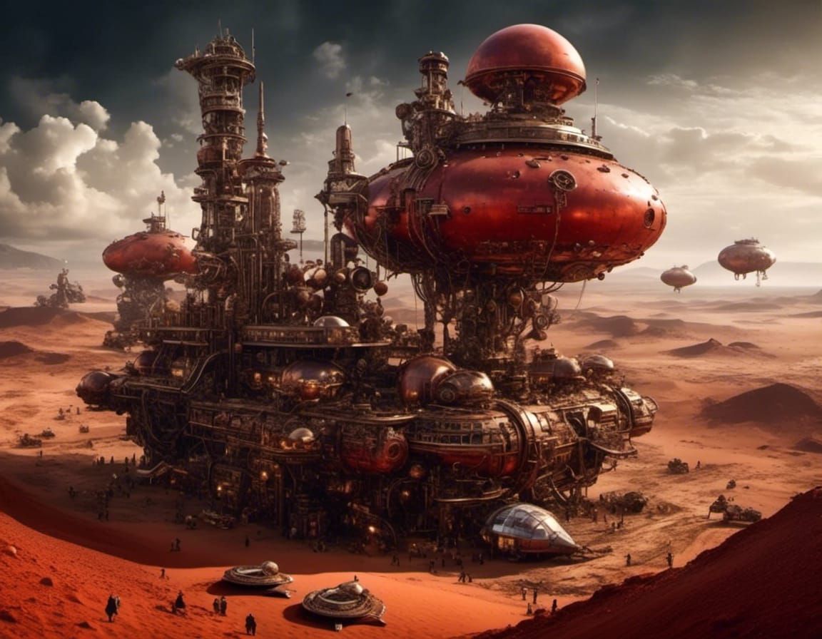 Steampunk Martian Colony on Red Dunes of Mars