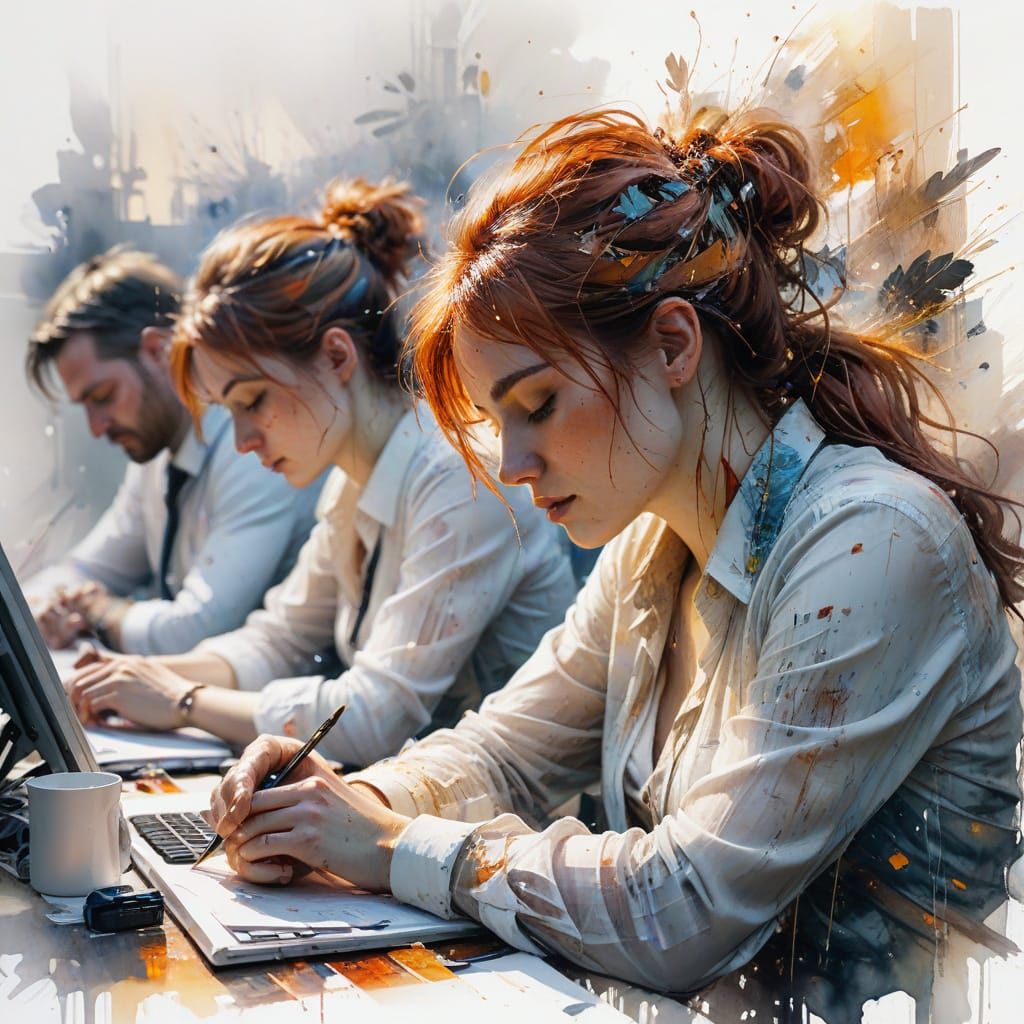 Employees Sleeping at Desks in Stylised Watercolour