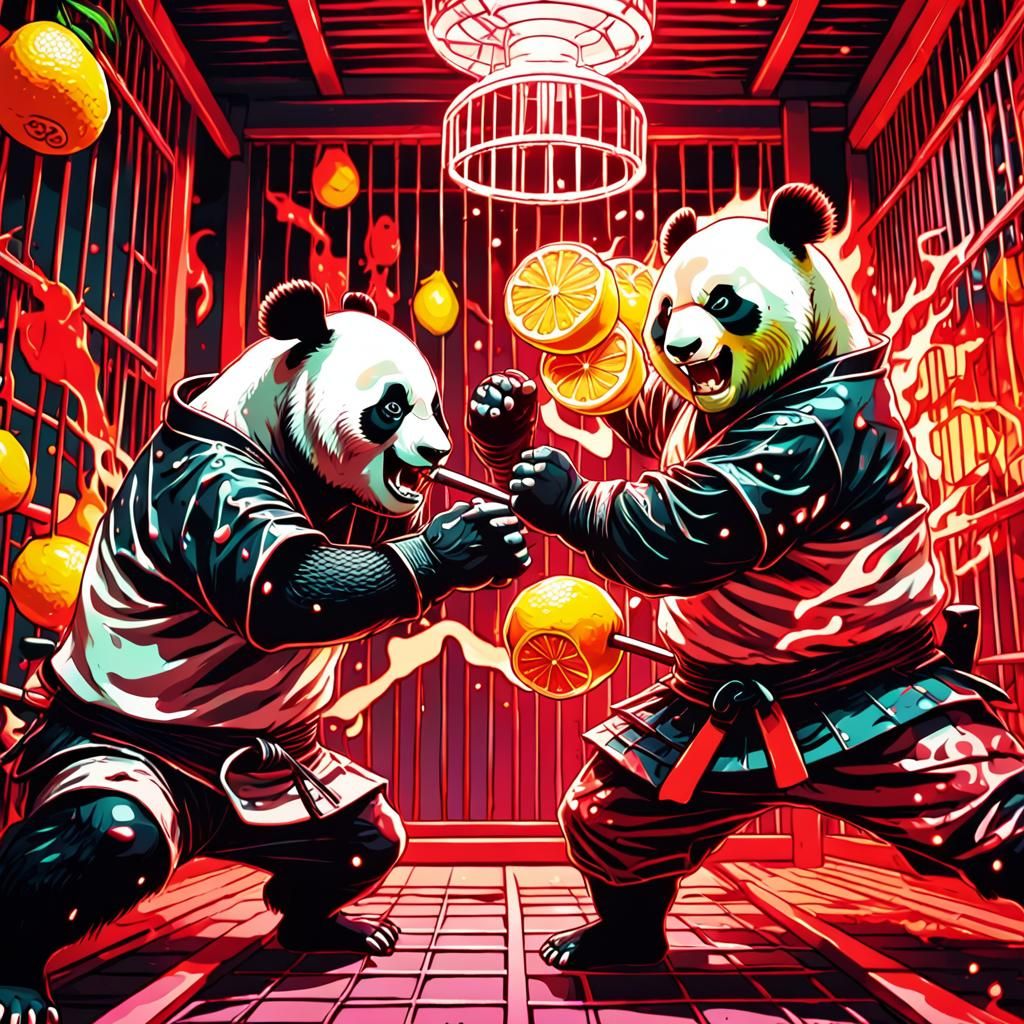 Psychedelic Cage Fight: Angry Panda vs Samurai Lemon