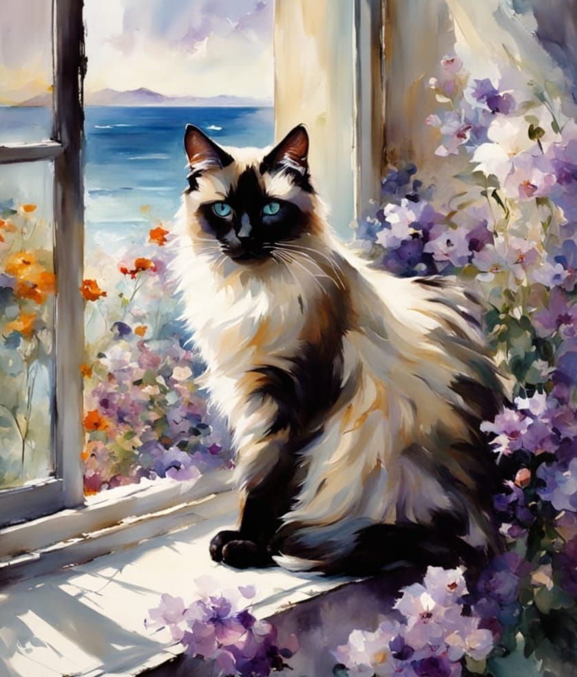 Siamese Cat on Windowsill with Ocean View in Painterly Style