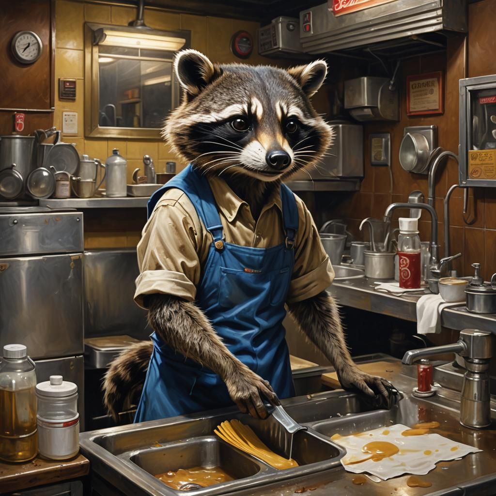 Racoon Dishwasher in Renaissance Style Oil Painting