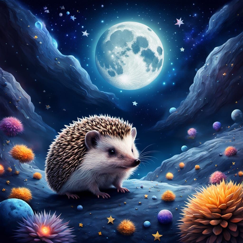 Hedgehog's Surreal Lunar Journey in Dreamlike Style