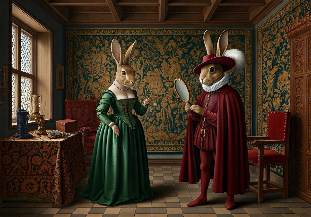 Elegant Flemish Rabbit Couple in Lavish Interior