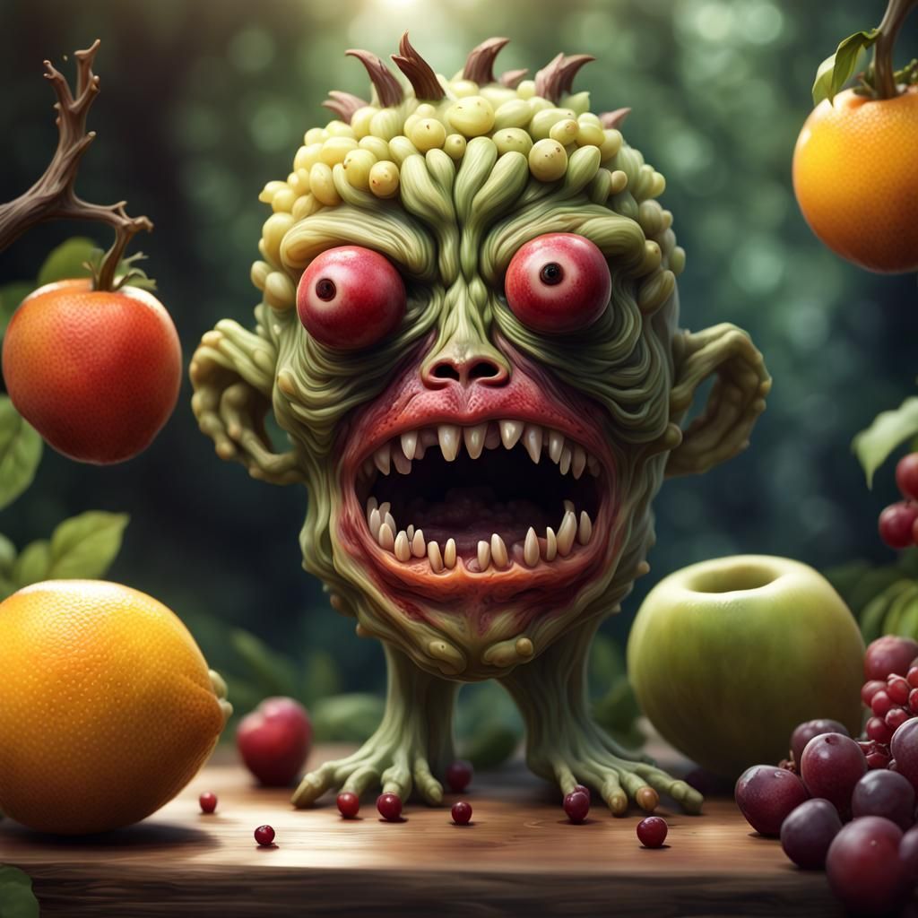 Creepy Fruit Zombie Monster Portrait, Oil Painting