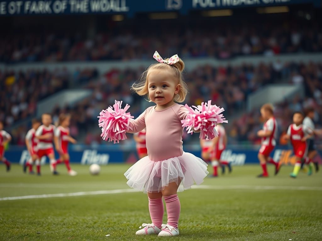 Toddler Cheerleader on Football Field in Cinematic Style