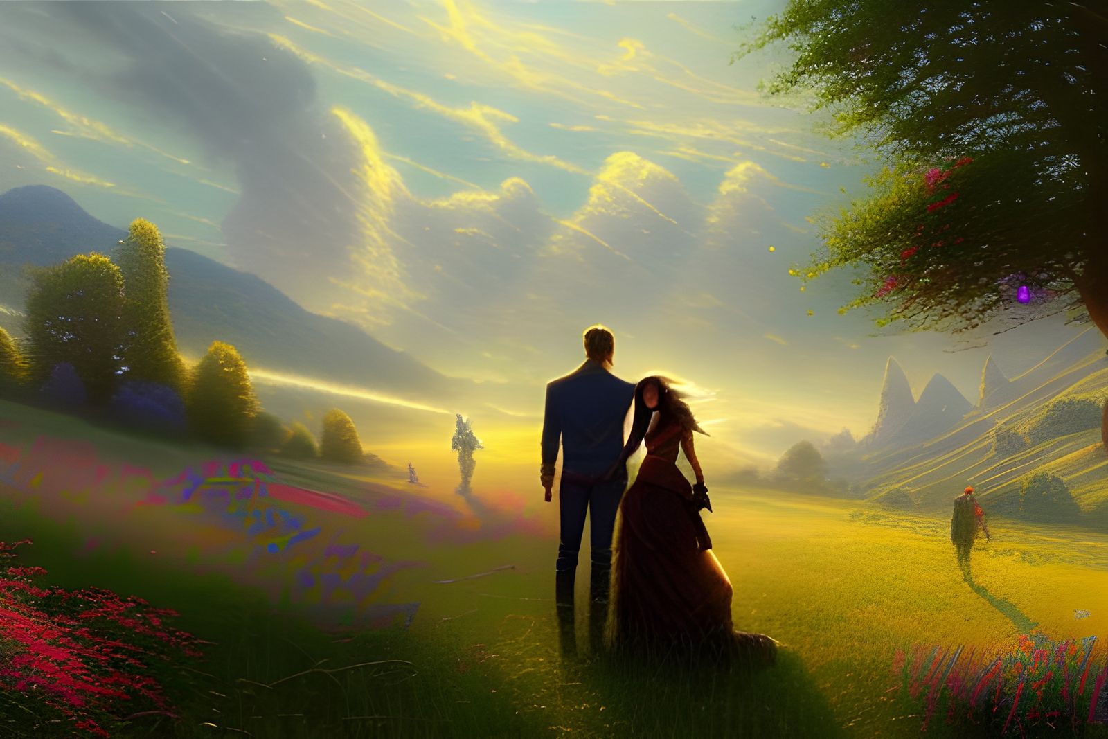 Loving Couple in Futuristic Landscape: Romantic Realism