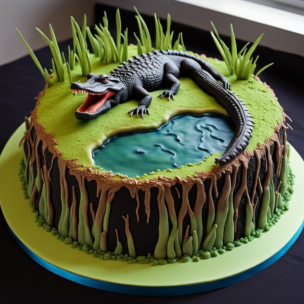 Hyperrealistic Alligator Cake in Swamp Diorama