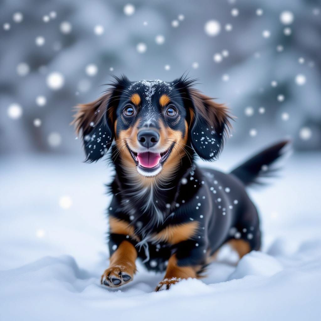 Dachshund Playing in Snowy Winter Wonderland