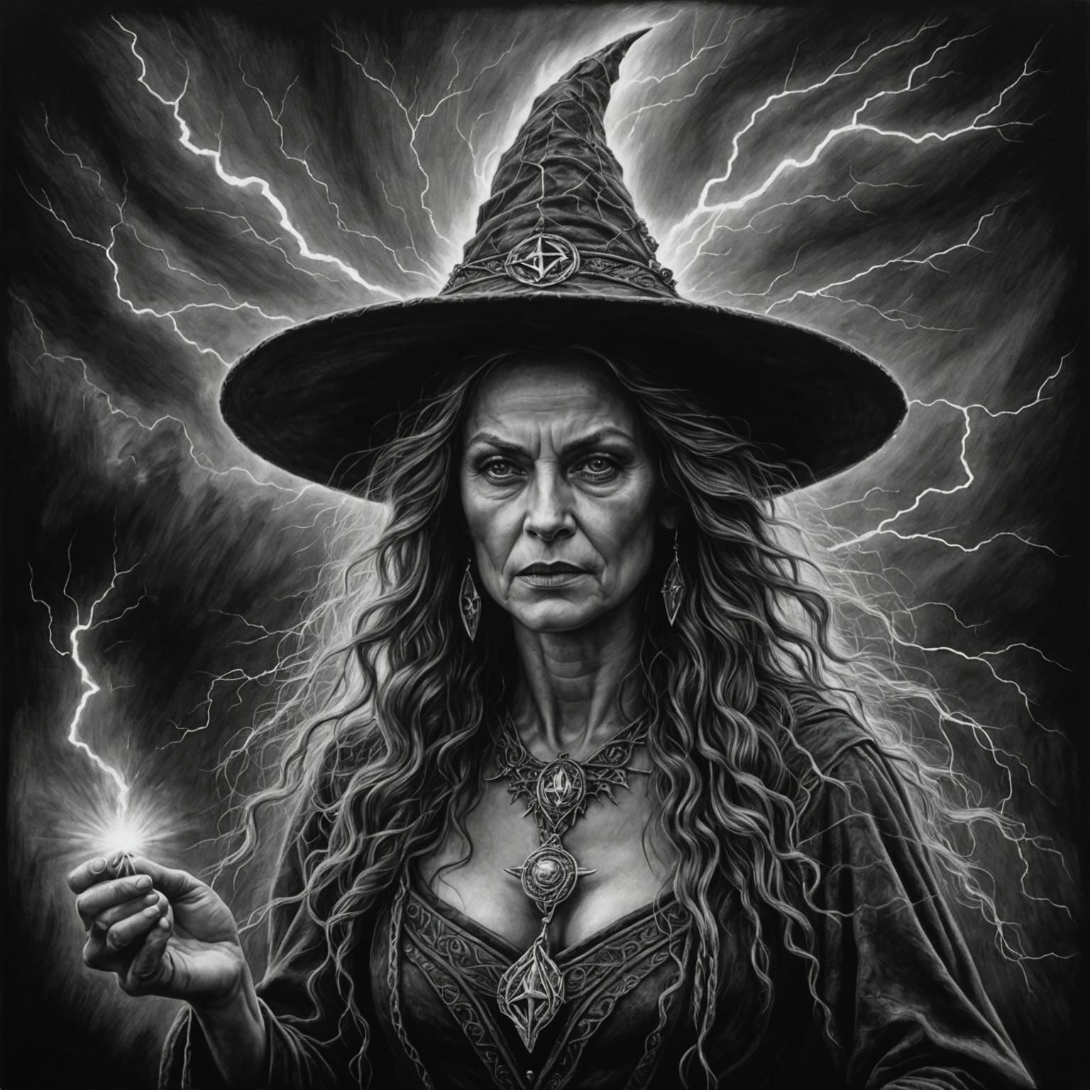 Hyperdetailed Charcoal Witch in New Zealand Lightning