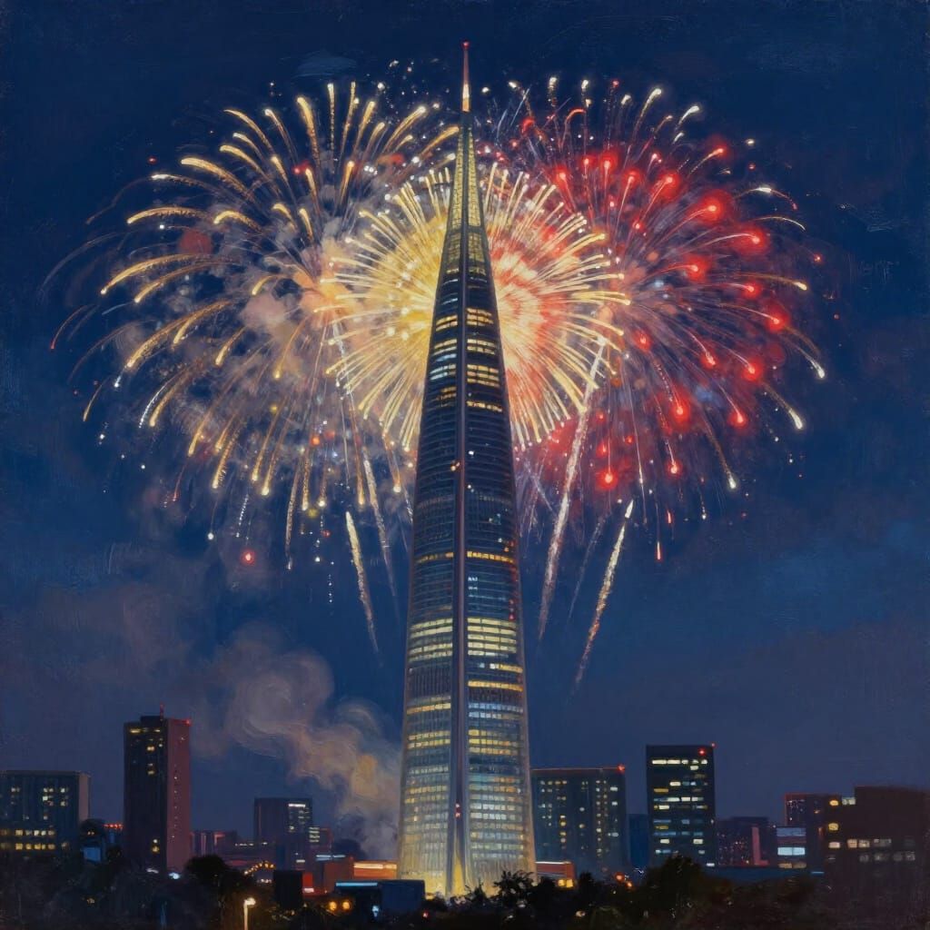 Lotte World Tower Seoul Oil Painting With Fireworks