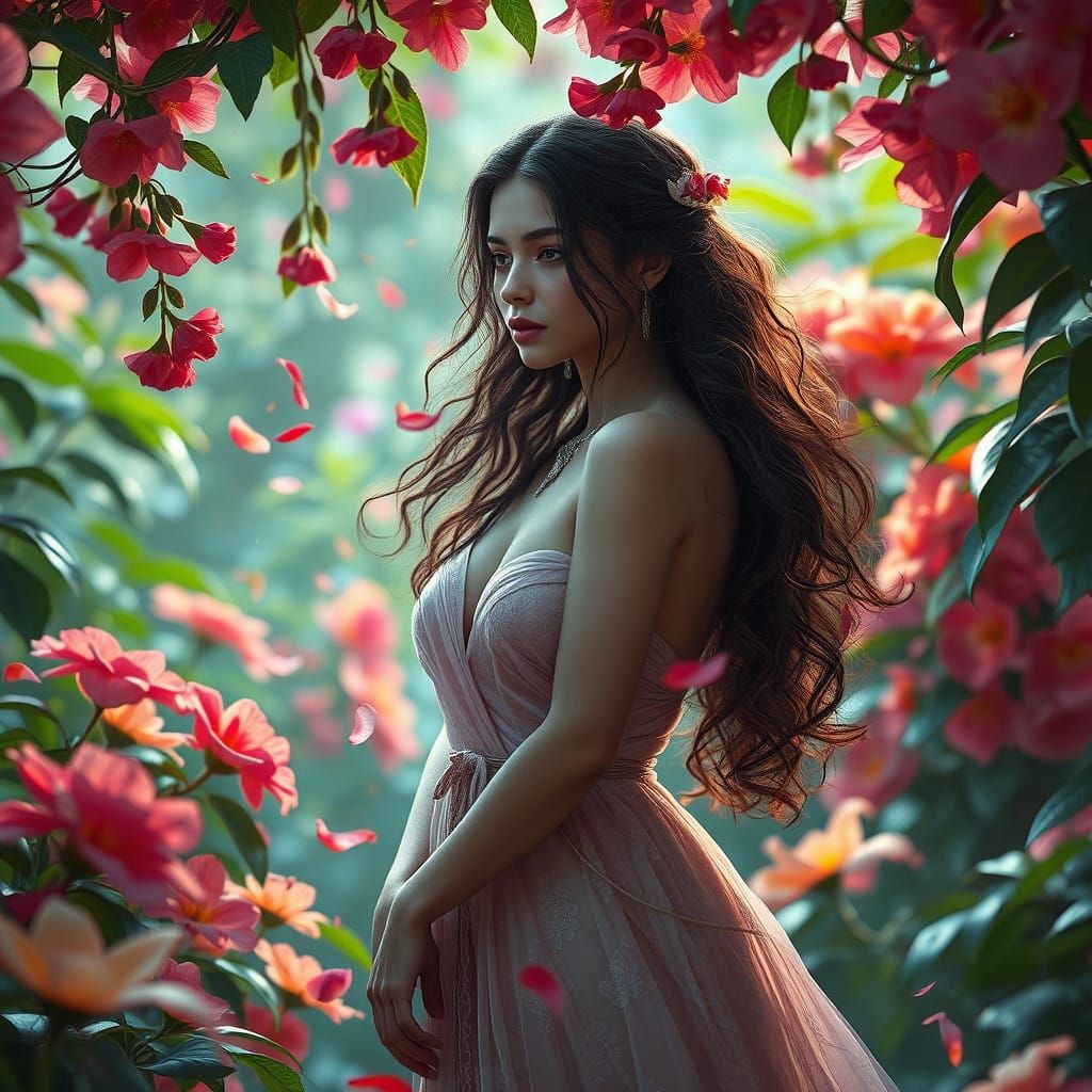 Mystical Woman Surrounded by Vibrant Blooming Garden in Drea...