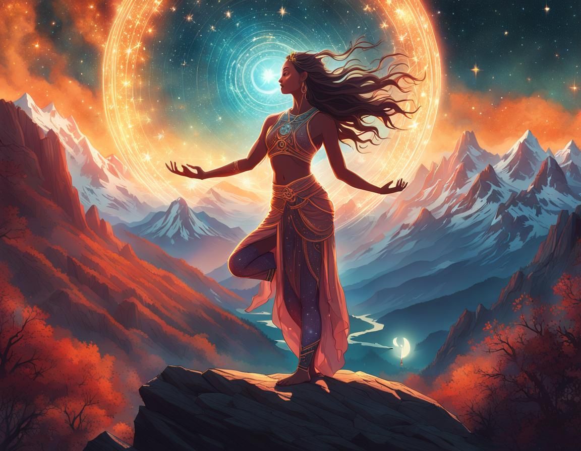 Fantasy Goddess Practicing Yoga in Starry Mountain Landscape