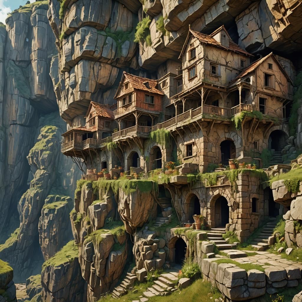 Dilapidated Cliffside Dwellings in Matte Painting Style