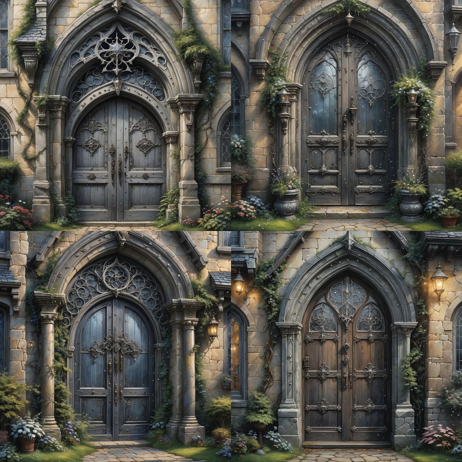 Gothic Door with Silver Ornaments in Ethereal Mist