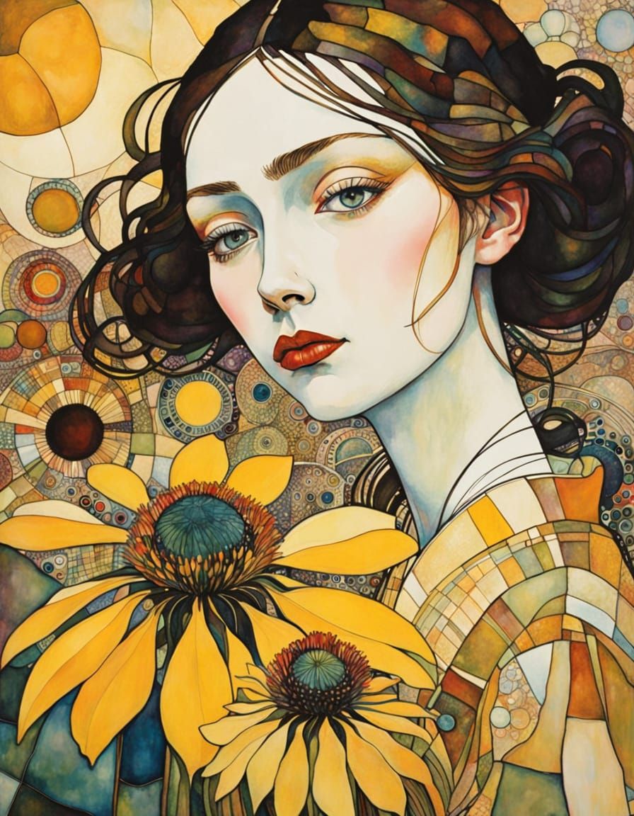 Ethereal Yellow Coneflower in Expressionist Ink and Watercol...