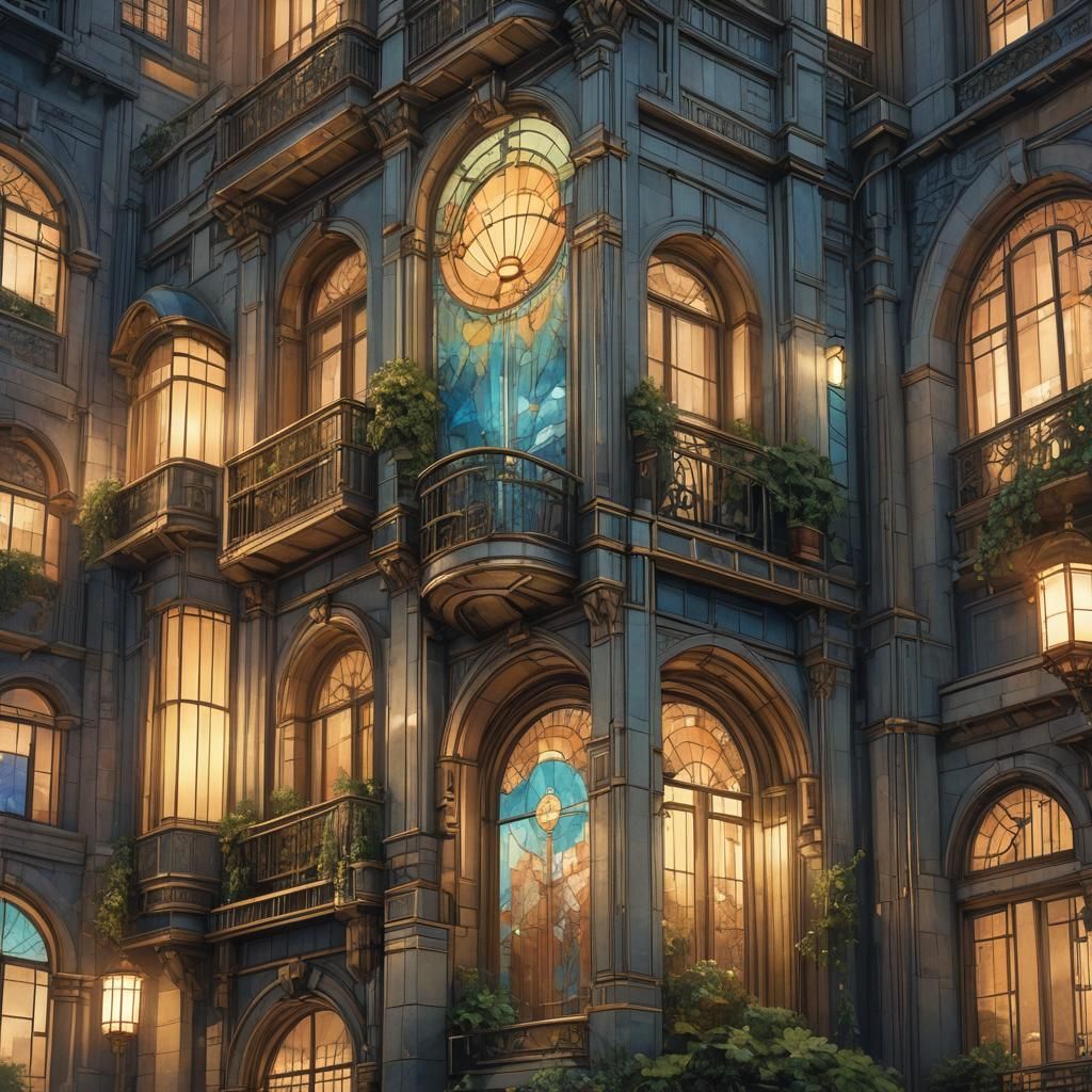 Art Deco Architecture at Dawn in Watercolor Style