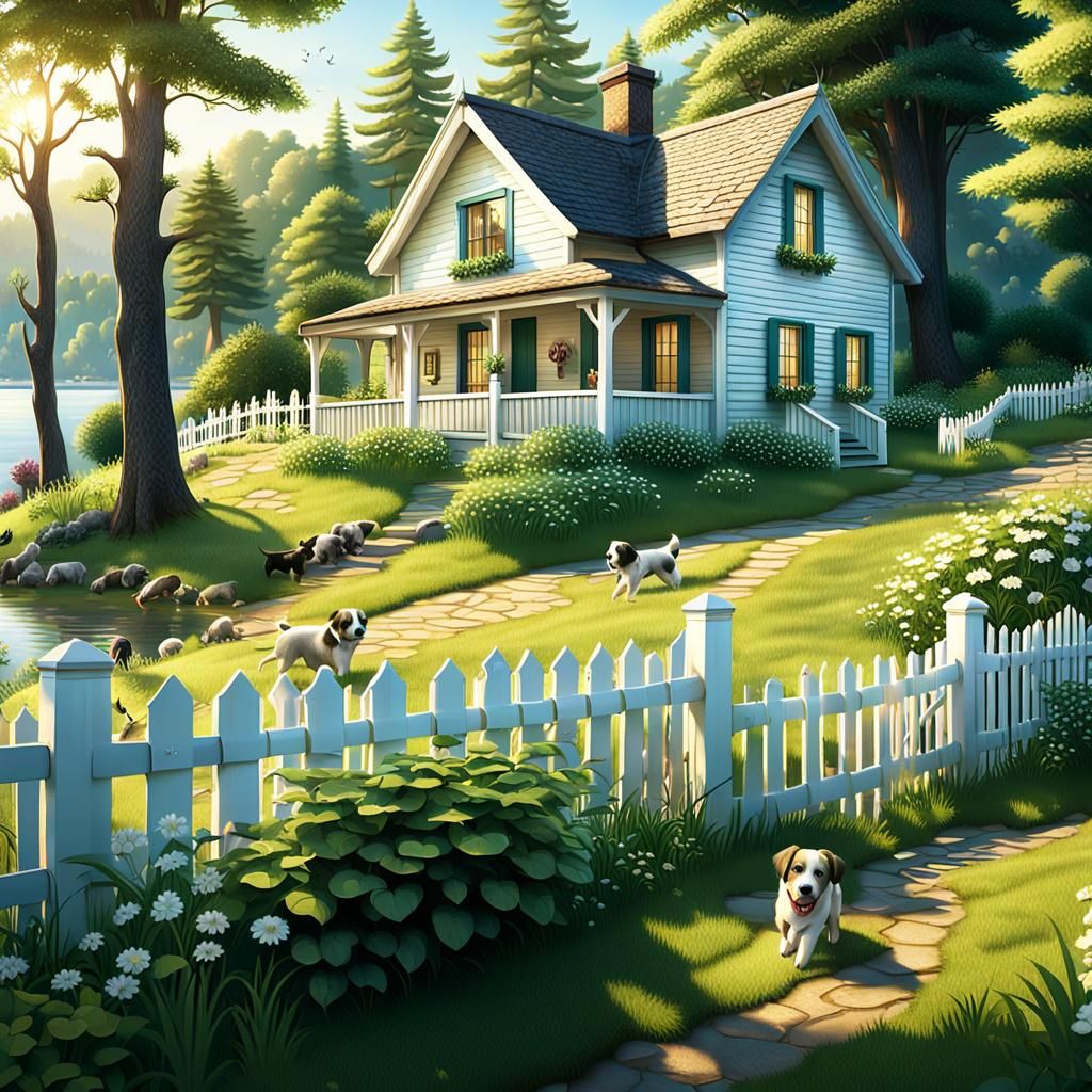 Picturesque Lakeside Cottage with Dogs in 3D Style