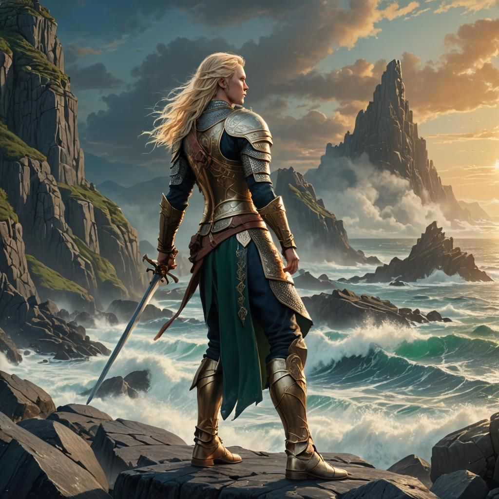 Victorious Nordic Warrior on Rocky Coastline