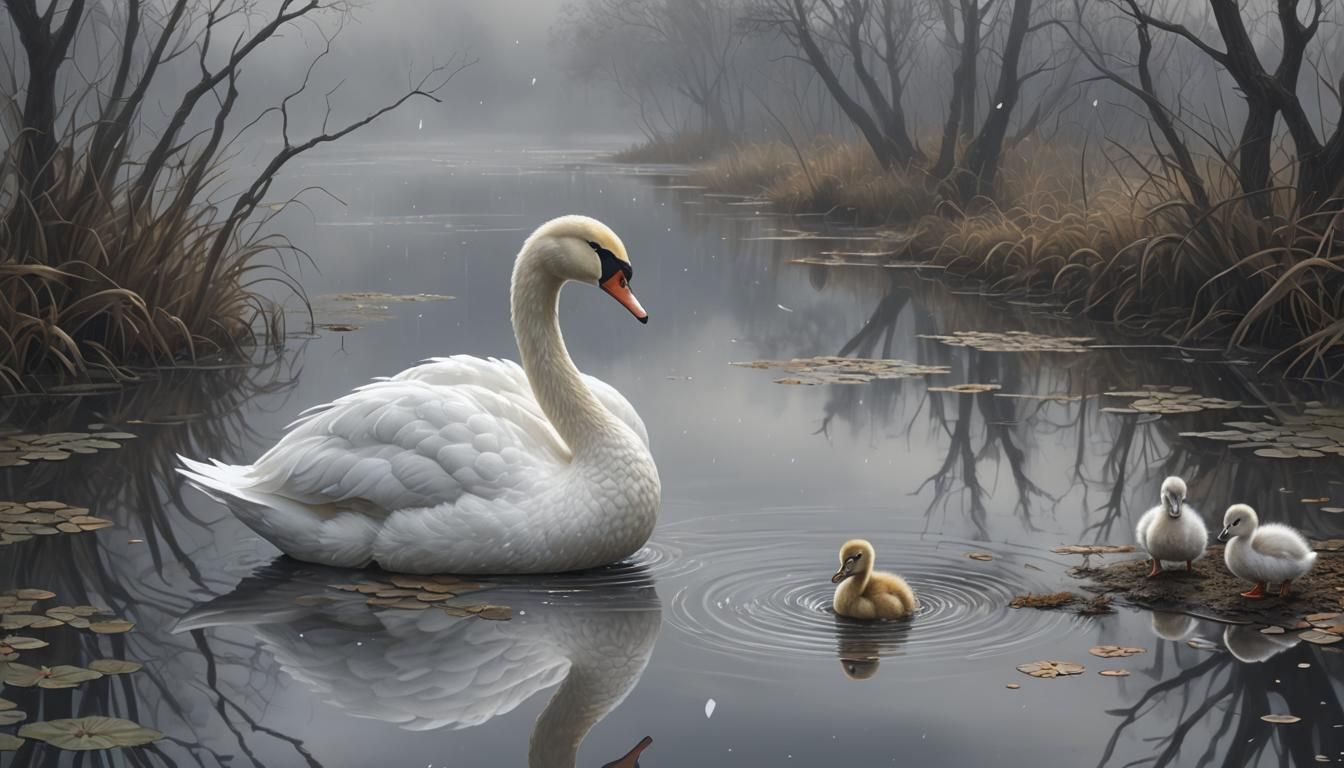 Whimsical Duckling Sees Swan Reflection