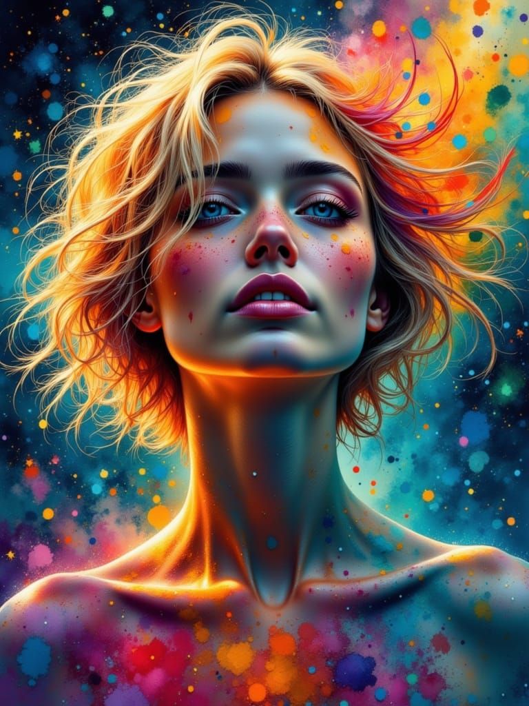 Blond Woman in Swirling Stardust: Oil, Watercolor, Impasto