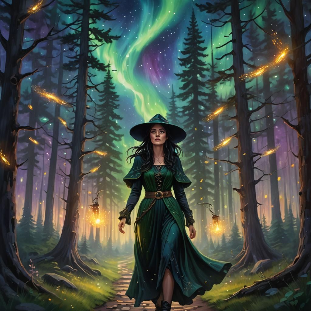 Green Eyed Witch in a Forest of Fireflies