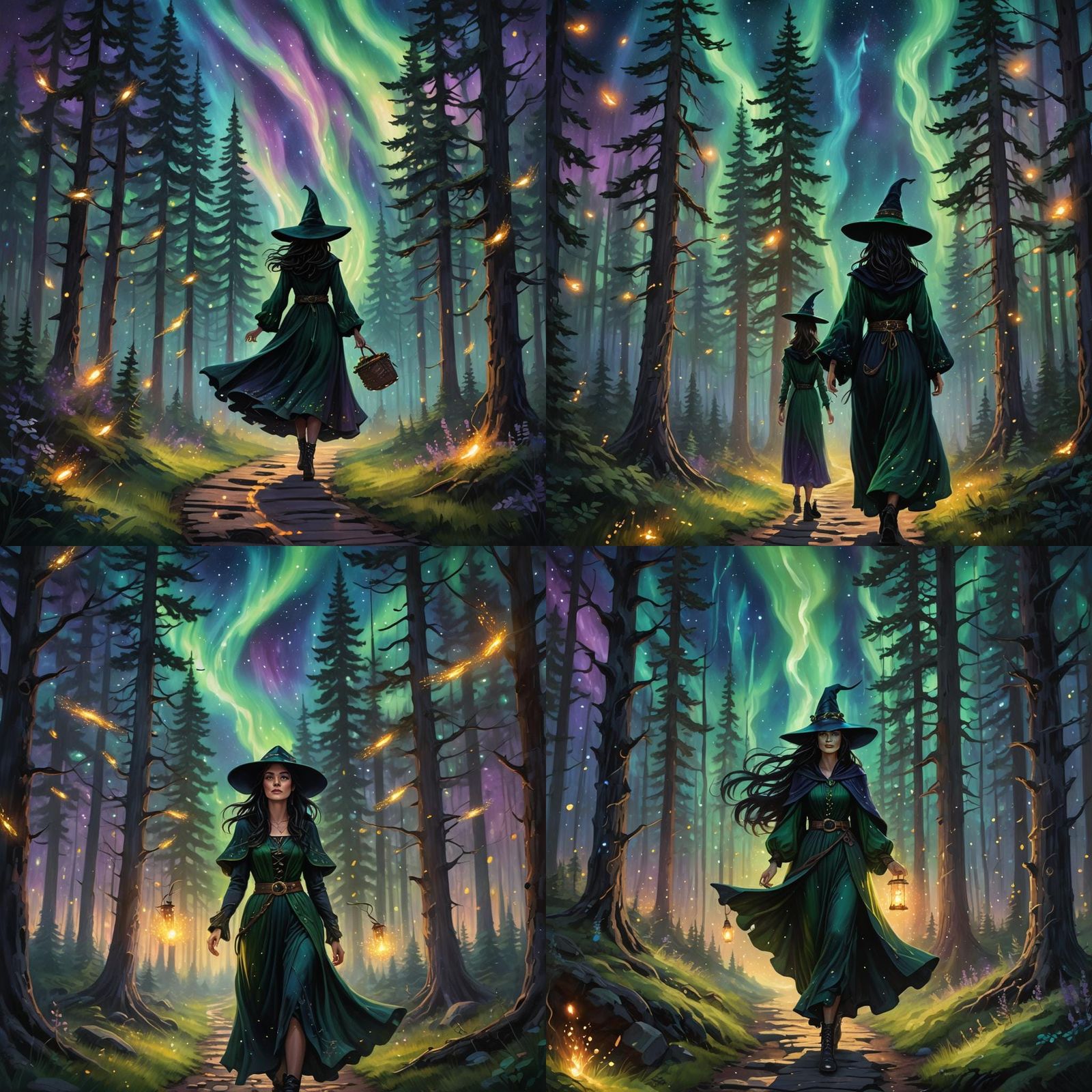 Enchanting Forest Witch Under Northern Lights