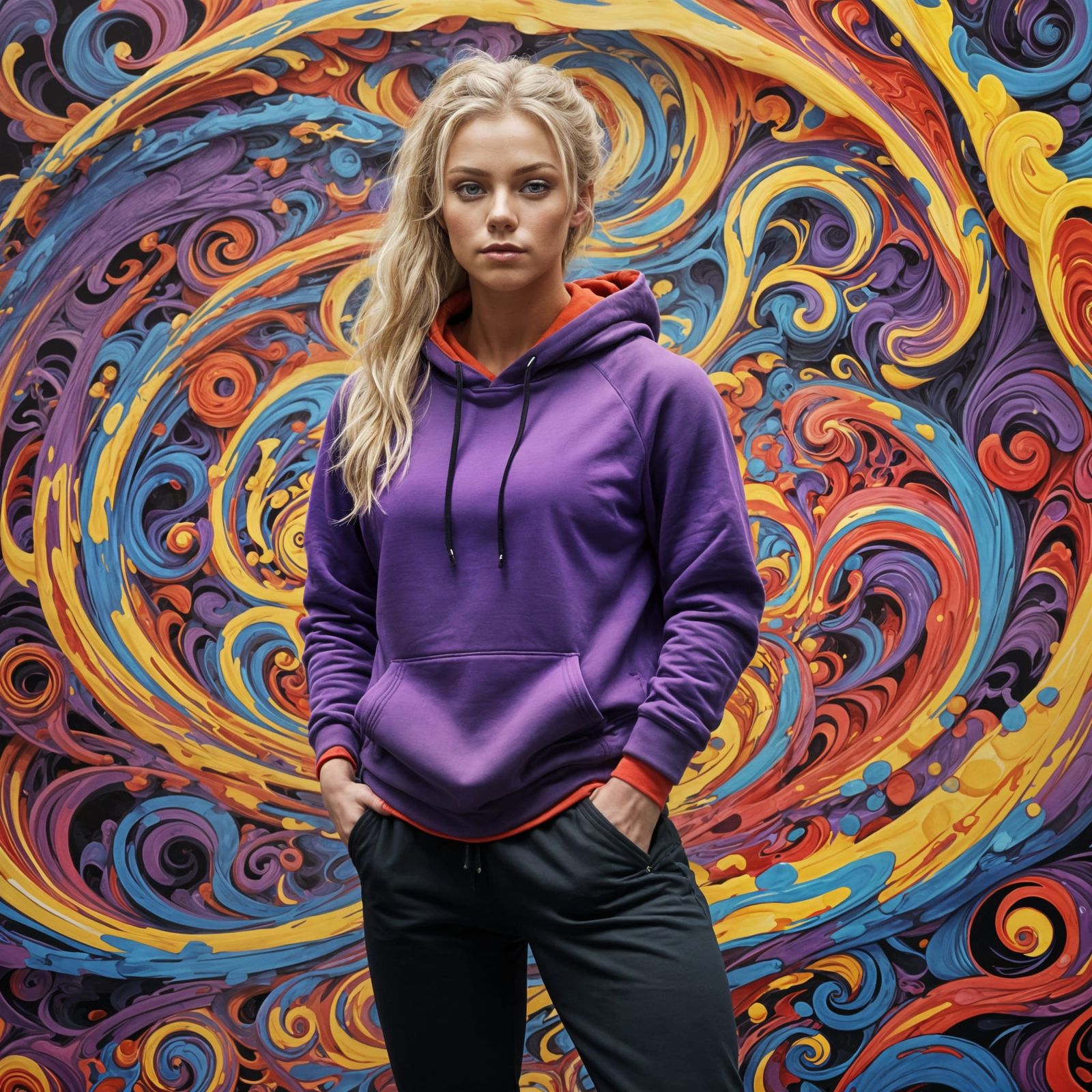 Digital Art of Blonde Beauty in Vibrant Whimsical Background