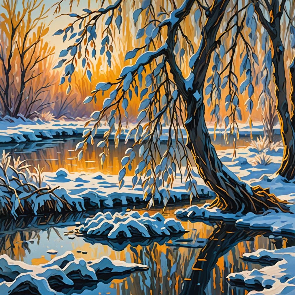 Willow Branches Touch Frosted Pond: Impressionist Gouache