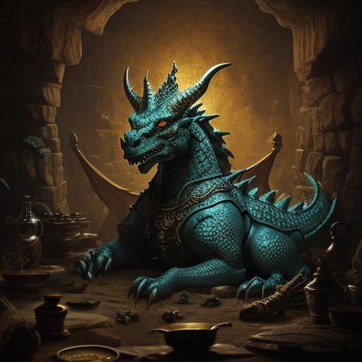 Dragon on Treasure Hoard in Fantasy Cave