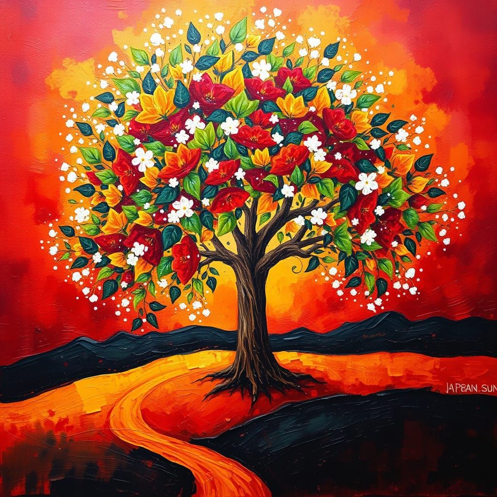 Vibrant Abstract Landscape Painting with Towering Tree