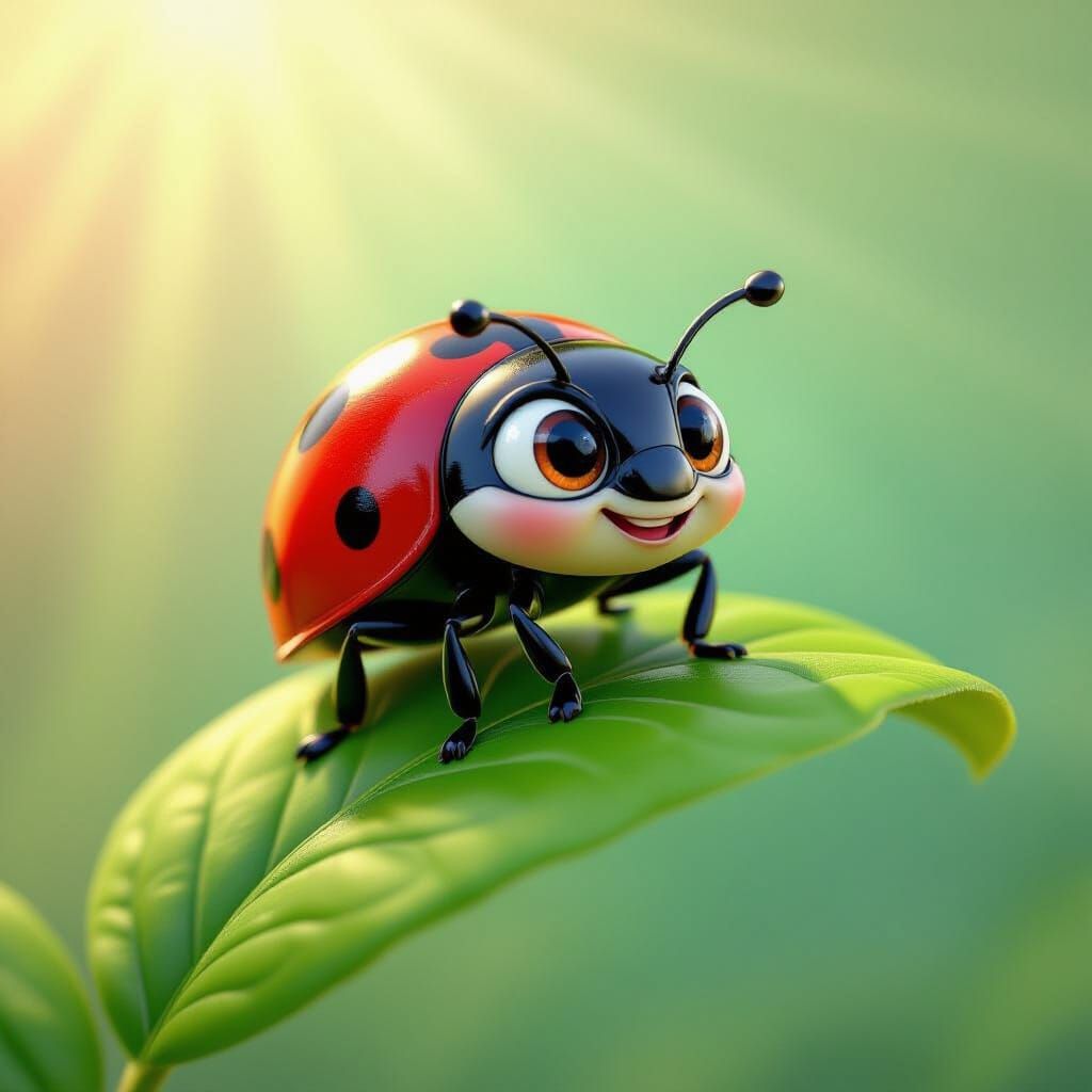 Cute Ladybug on Leaf in Pixar Style