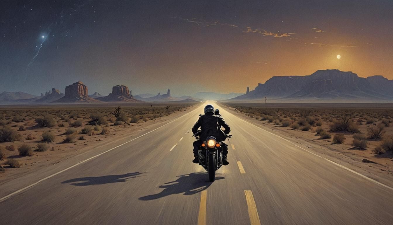 Motorcycle Bandit Races Down Desert Highway at Night