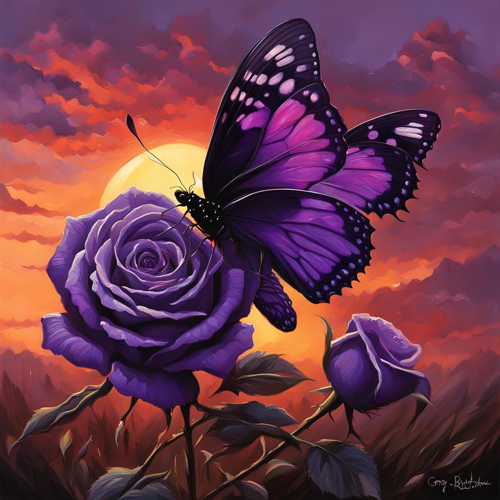 Butterfly and Purple Roses at Sunset in Baroque Style