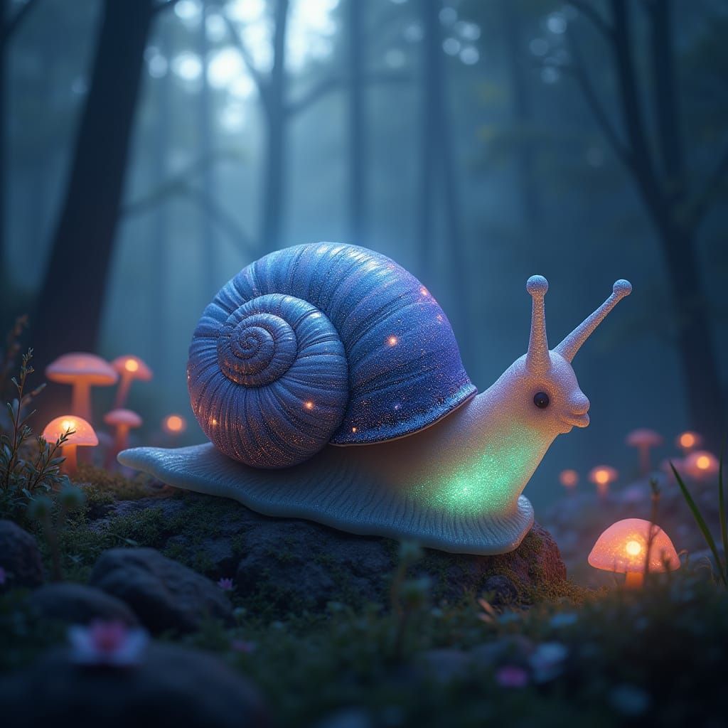 Fantasy Snail Crawls Through Magical Forest