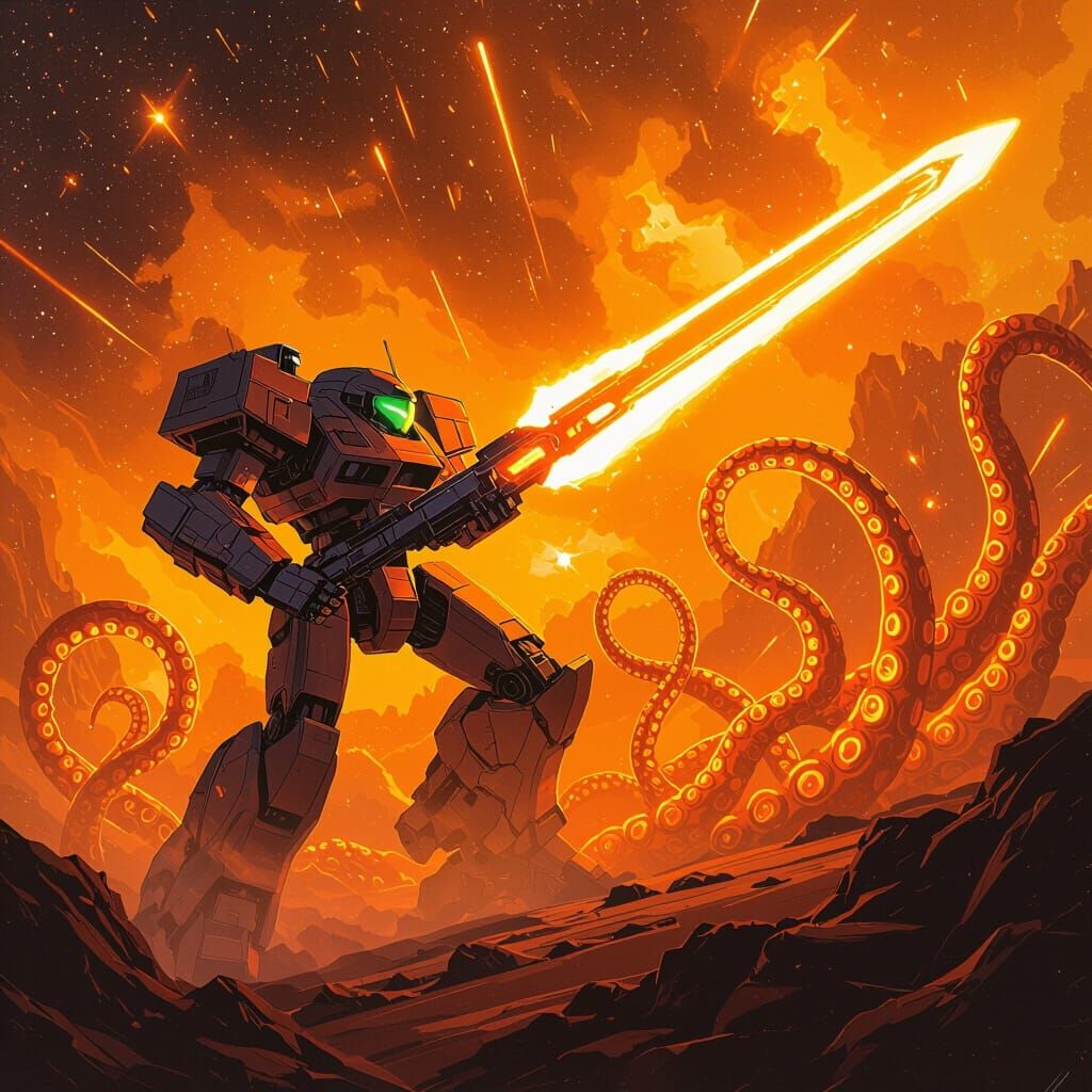 Retro-Futurism Mech Battles Orange Tentacles in Nebula