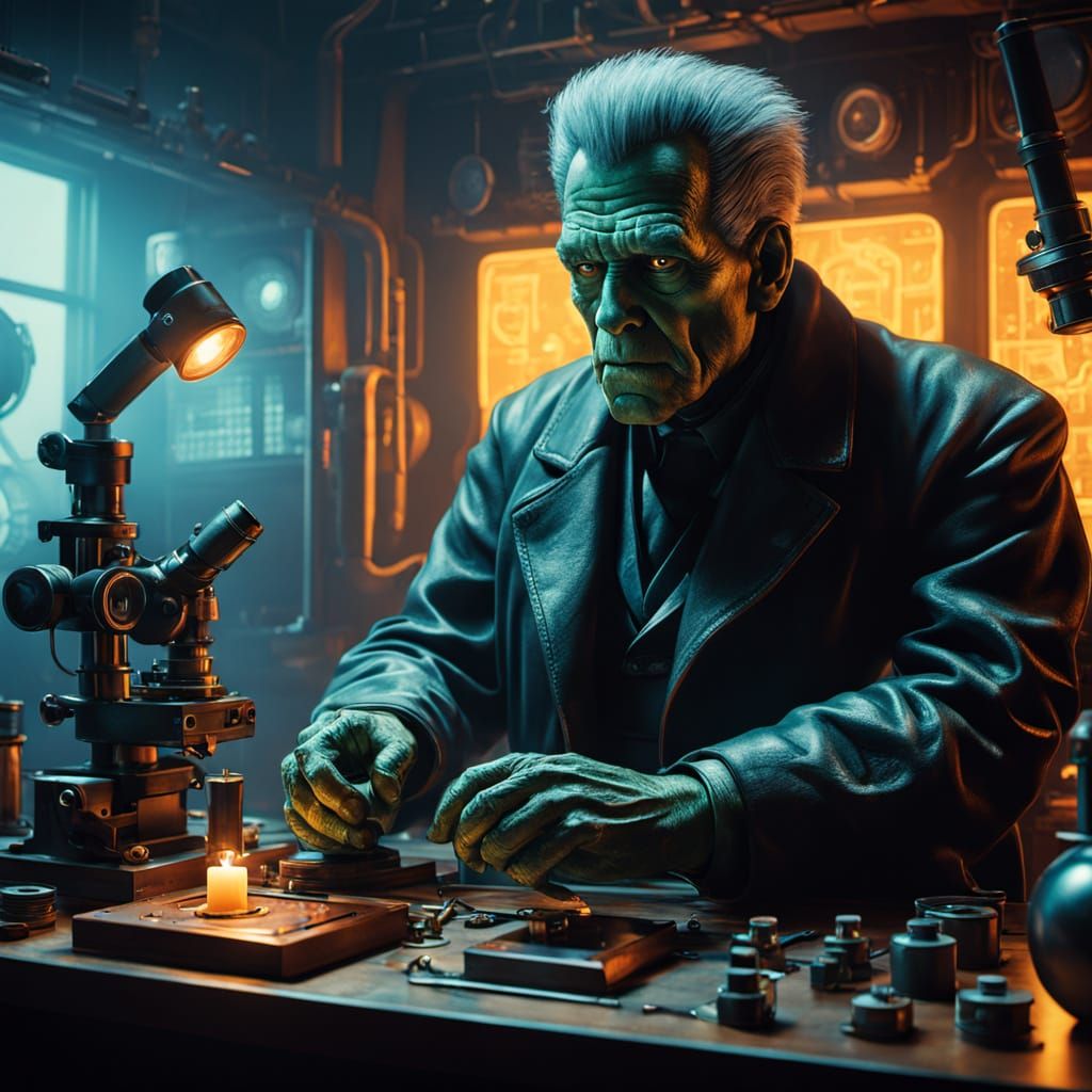 Dr. Frankenstein's Retrofuturistic Laboratory in Neon Lighti...
