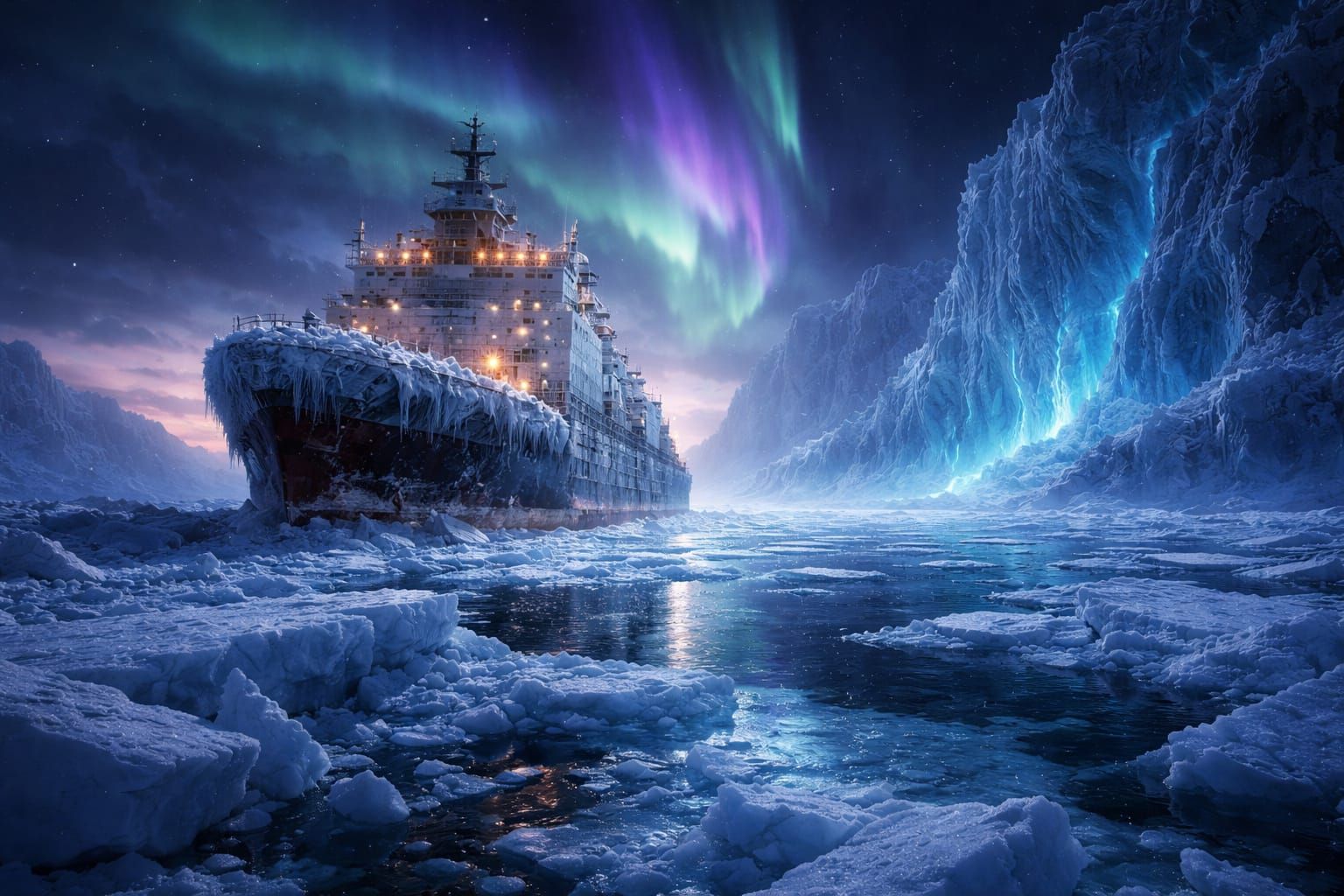 Majestic Icebreaker Ship in Glowing Polar Twilight
