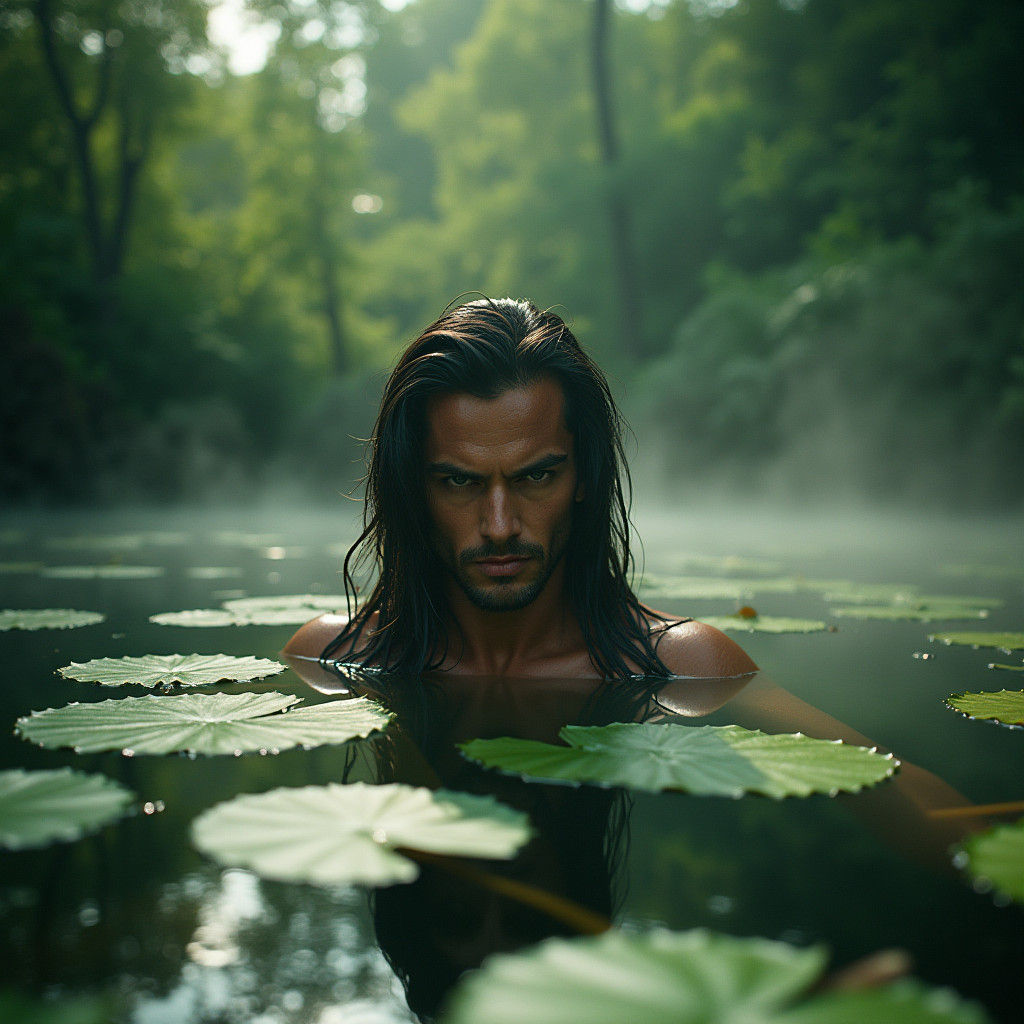 Mermaid Emerges from Lily Pad Lake, Film-Like